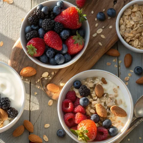 Overhead flat lay of healthy oatmeal breakfast bowls with fresh berries, yogurt, granola, and almonds, natural morning sunlig