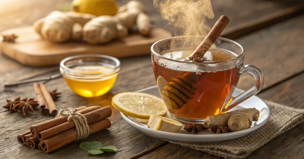 Steaming cup of ginger cinnamon tea with cinnamon sticks, fresh ginger slices, golden honey drizzle, and lemon on rustic wood