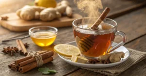 Steaming cup of ginger cinnamon tea with cinnamon sticks, fresh ginger slices, golden honey drizzle, and lemon on rustic wood