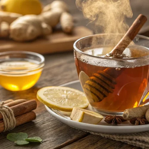 Steaming cup of ginger cinnamon tea with cinnamon sticks, fresh ginger slices, golden honey drizzle, and lemon on rustic wood
