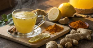 Steaming glass cup of natural Mounjaro health drink with lemon, ginger, and turmeric, surrounded by fresh ingredients, warm g