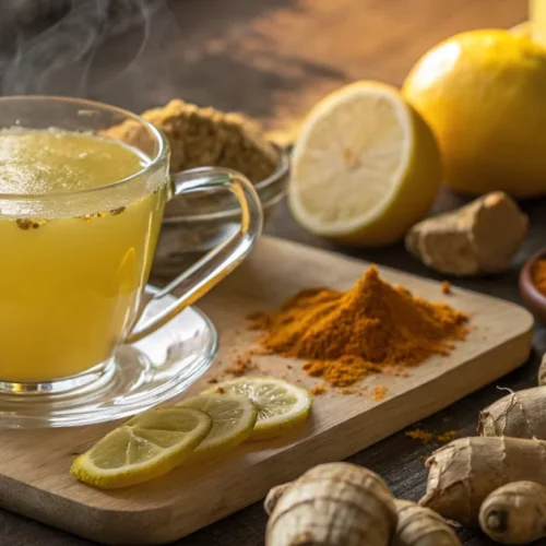 Steaming glass cup of natural Mounjaro health drink with lemon, ginger, and turmeric, surrounded by fresh ingredients, warm g