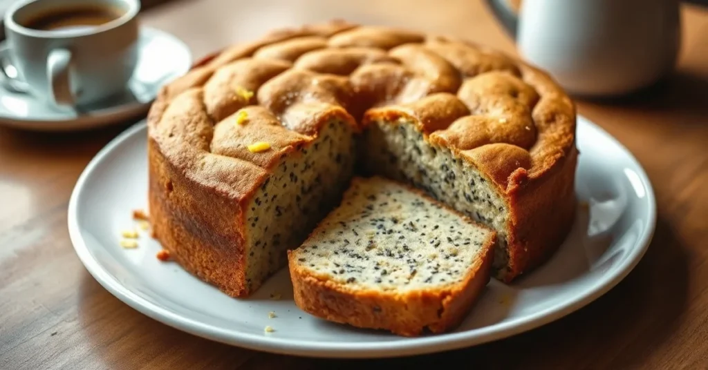 A beautifully baked low carb poppy seed cake with golden-brown surface, fresh lemon zest sprinkled on top, sliced to show moi