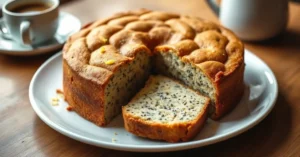 A beautifully baked low carb poppy seed cake with golden-brown surface, fresh lemon zest sprinkled on top, sliced to show moi