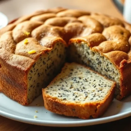 A beautifully baked low carb poppy seed cake with golden-brown surface, fresh lemon zest sprinkled on top, sliced to show moi