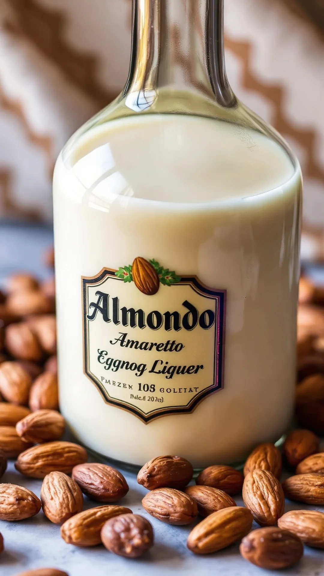 Almond amaretto eggnog liqueur in beautiful bottle surrounded by almonds, close-up detailed shot, warm natural lighting, crea
