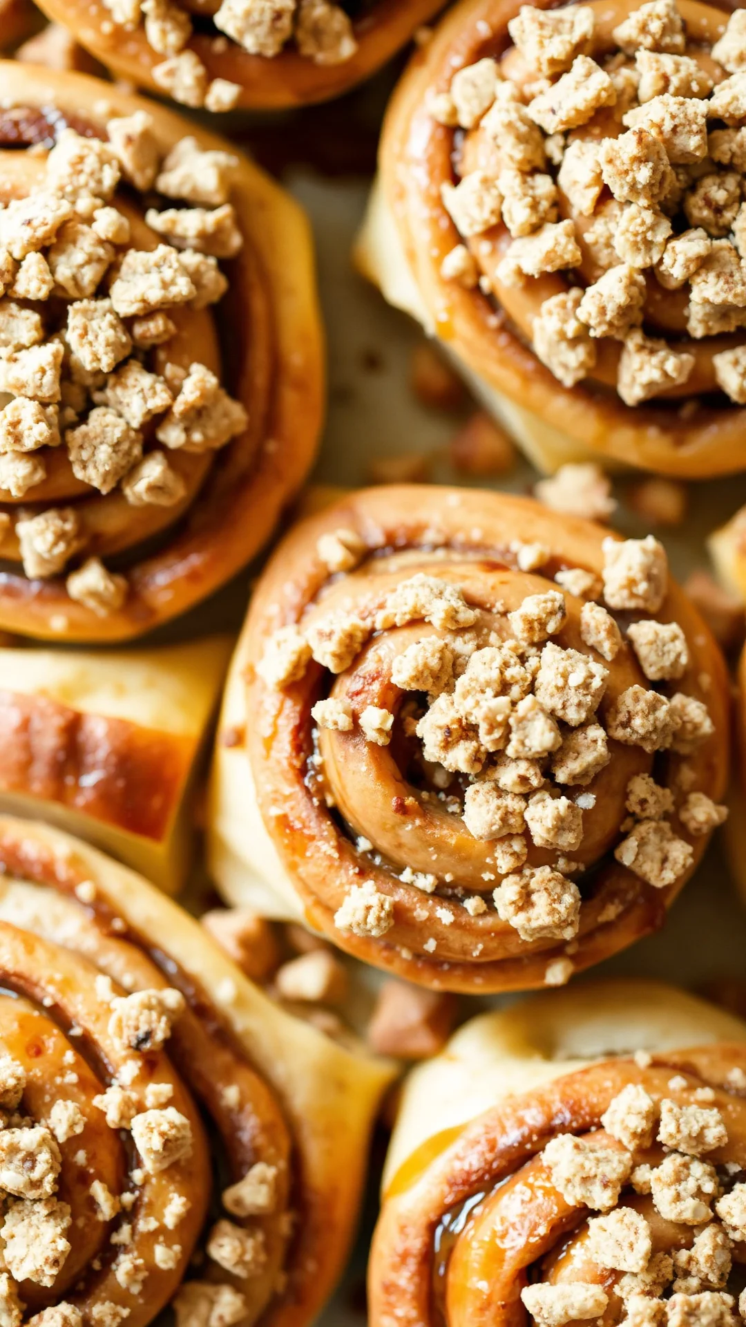 Apple cinnamon rolls with crumbly streusel topping, fresh apple pieces visible, golden baked exterior, cozy autumn themed foo