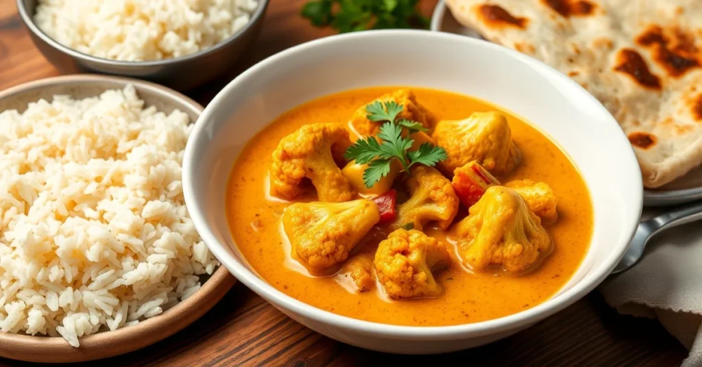 Aromatic vegan cauliflower curry in a white bowl with coconut milk sauce, fresh cilantro garnish, served with basmati rice an