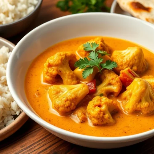 Aromatic vegan cauliflower curry in a white bowl with coconut milk sauce, fresh cilantro garnish, served with basmati rice an