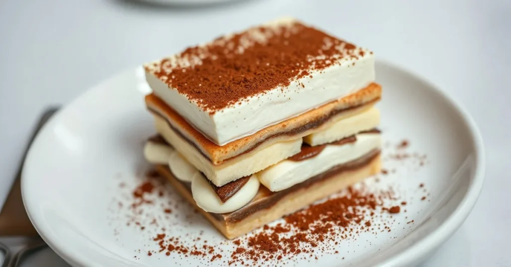 Authentic Italian Tiramisu dessert in white dish, layered mascarpone cream, cocoa powder dusting, espresso soaked ladyfingers