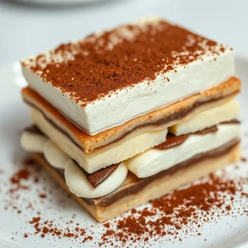 Authentic Italian Tiramisu dessert in white dish, layered mascarpone cream, cocoa powder dusting, espresso soaked ladyfingers
