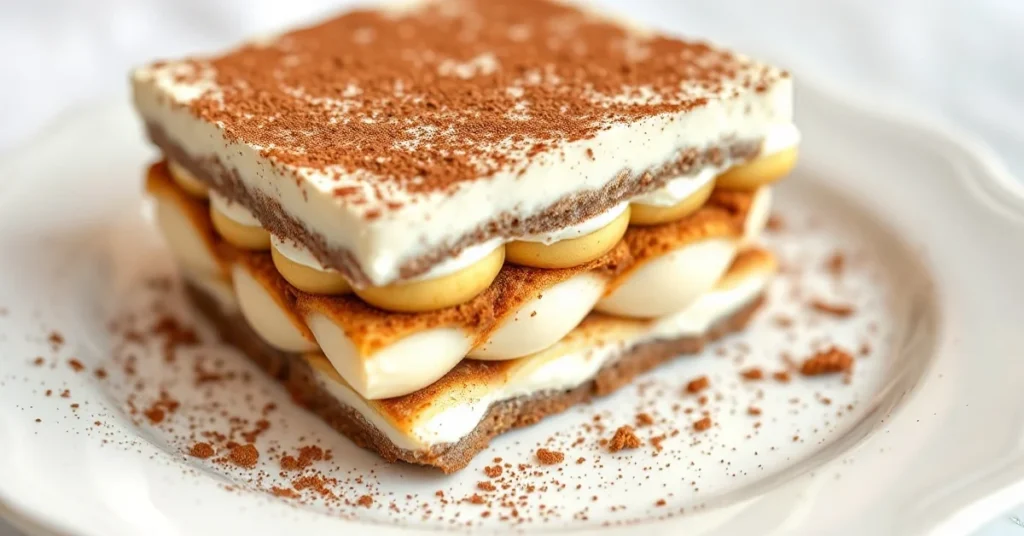 Authentic Italian tiramisu layered with ladyfingers and cocoa powder dusting, elegant plated on white ceramic, creamy mascarp