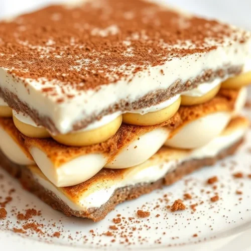 Authentic Italian tiramisu layered with ladyfingers and cocoa powder dusting, elegant plated on white ceramic, creamy mascarp