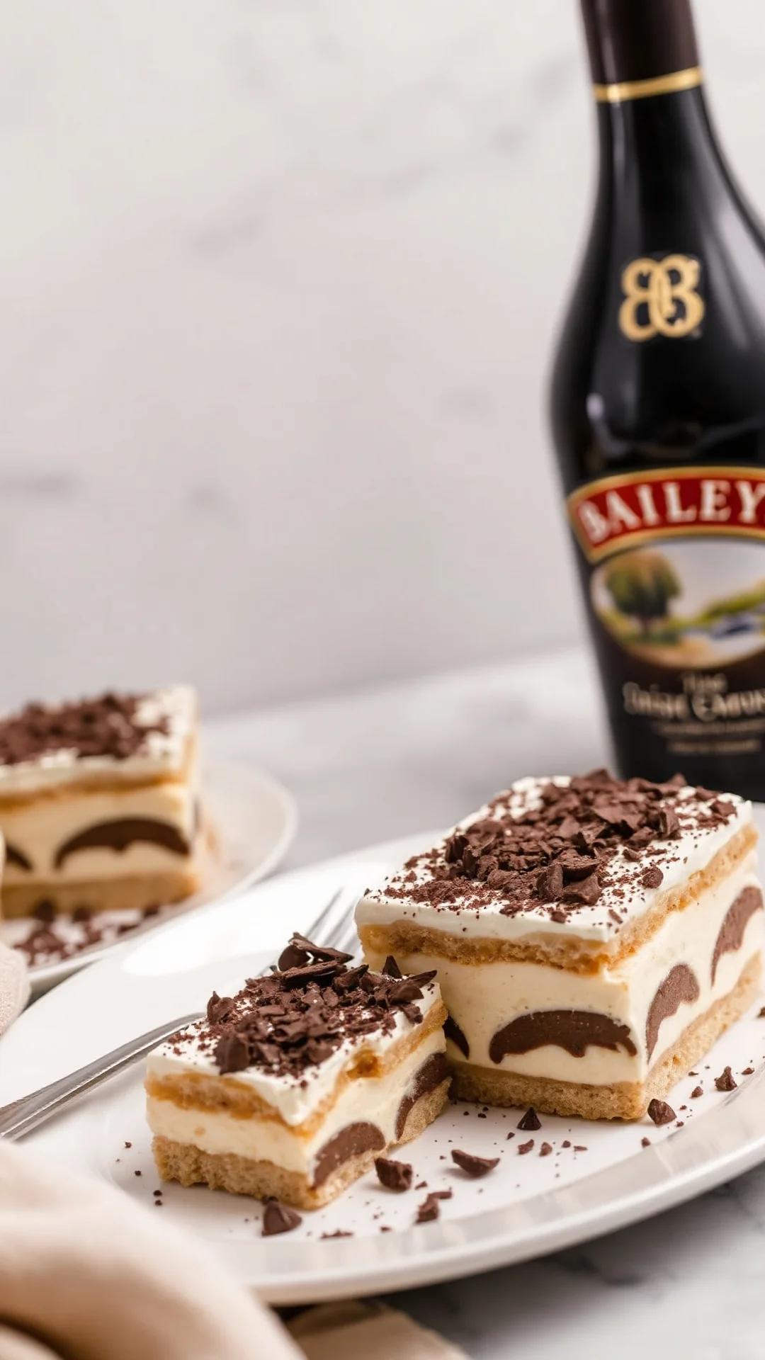 Baileys Irish cream tiramisu, luxurious dessert, smooth mascarpone layers, chocolate shavings on top, sophisticated plating,