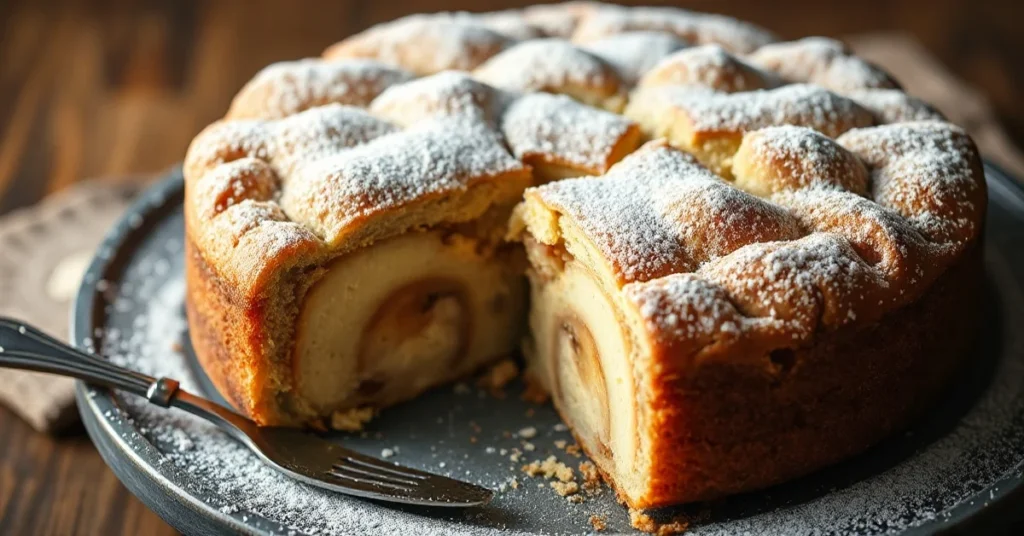 Beautiful autumn poppy seed apple cake with golden brown crust, fresh cut apple slices visible, dusted with powdered sugar, w