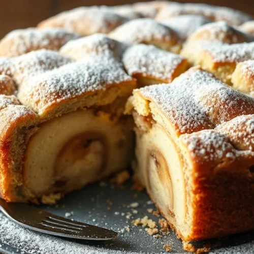 Beautiful autumn poppy seed apple cake with golden brown crust, fresh cut apple slices visible, dusted with powdered sugar, w