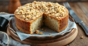 Beautiful DDR poppy seed cake with crispy streusel topping, golden brown, fresh from oven, vintage German baking style, nosta