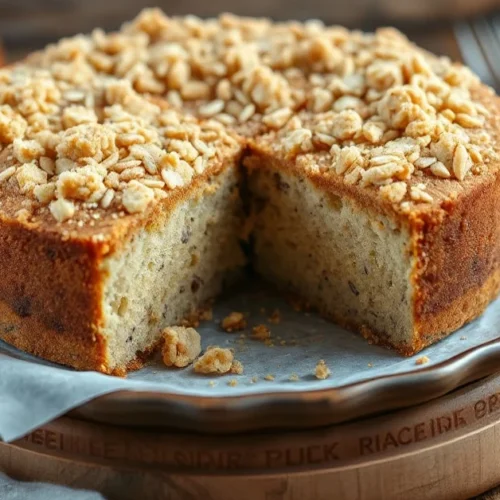 Beautiful DDR poppy seed cake with crispy streusel topping, golden brown, fresh from oven, vintage German baking style, nosta