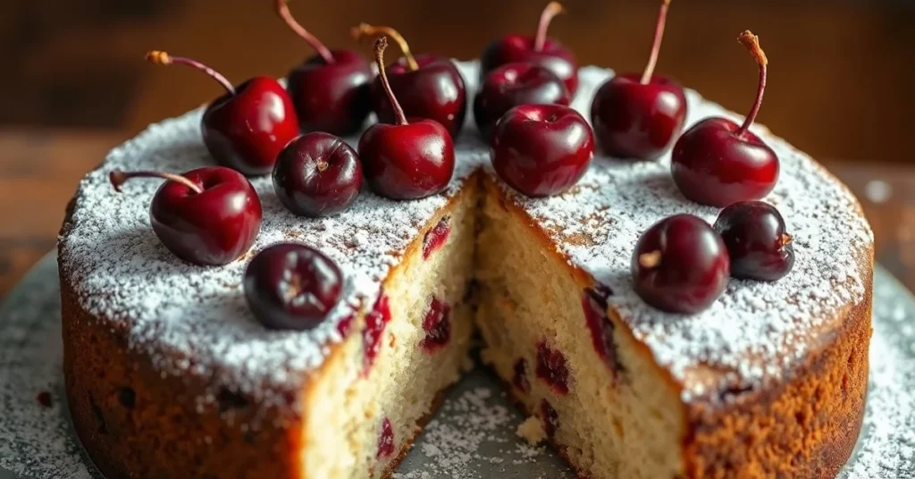 Beautiful fresh mohn cake with dark red cherries on top, dusted with white powdered sugar, slice removed showing fluffy crumb