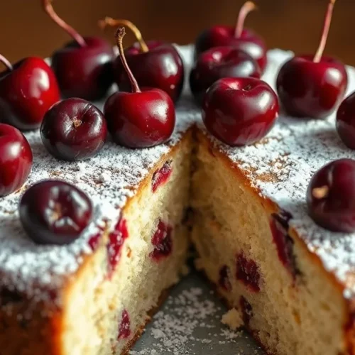Beautiful fresh mohn cake with dark red cherries on top, dusted with white powdered sugar, slice removed showing fluffy crumb