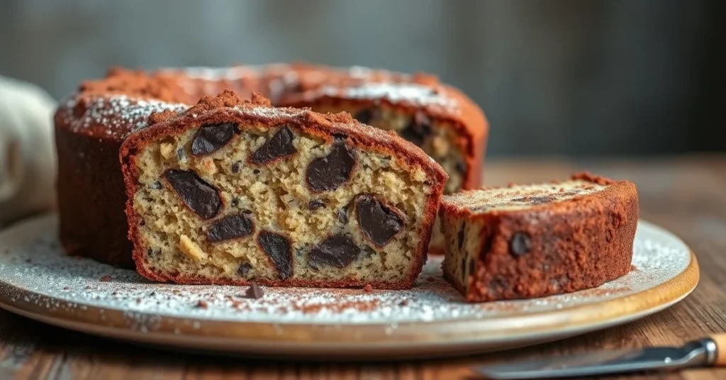 Beautiful freshly baked chocolate poppy seed cake with dark chocolate pieces, sliced portion revealing moist crumb structure,