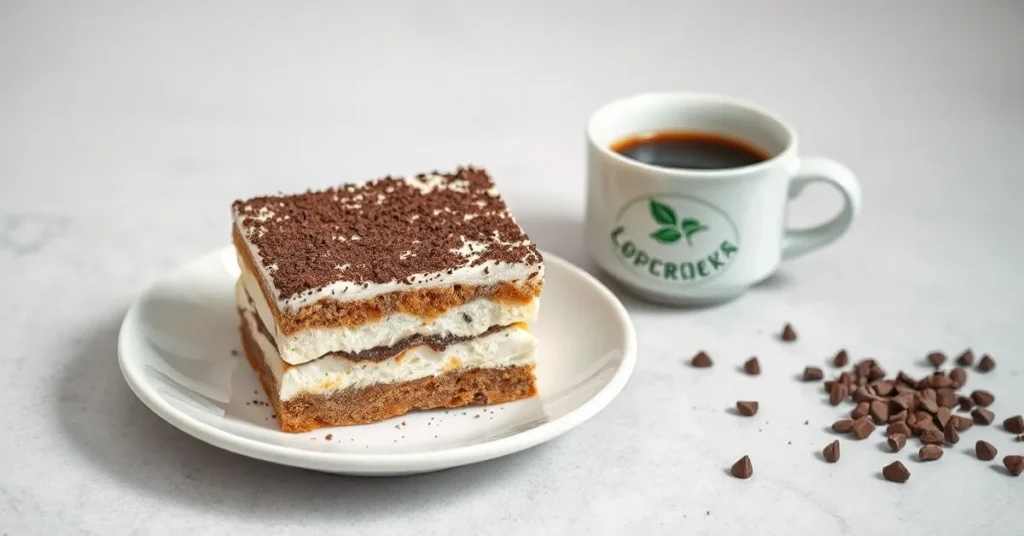 Beautiful healthy tiramisu layered dessert with dark chocolate shavings on white porcelain plate, espresso coffee cup beside,