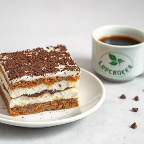 Beautiful healthy tiramisu layered dessert with dark chocolate shavings on white porcelain plate, espresso coffee cup beside,