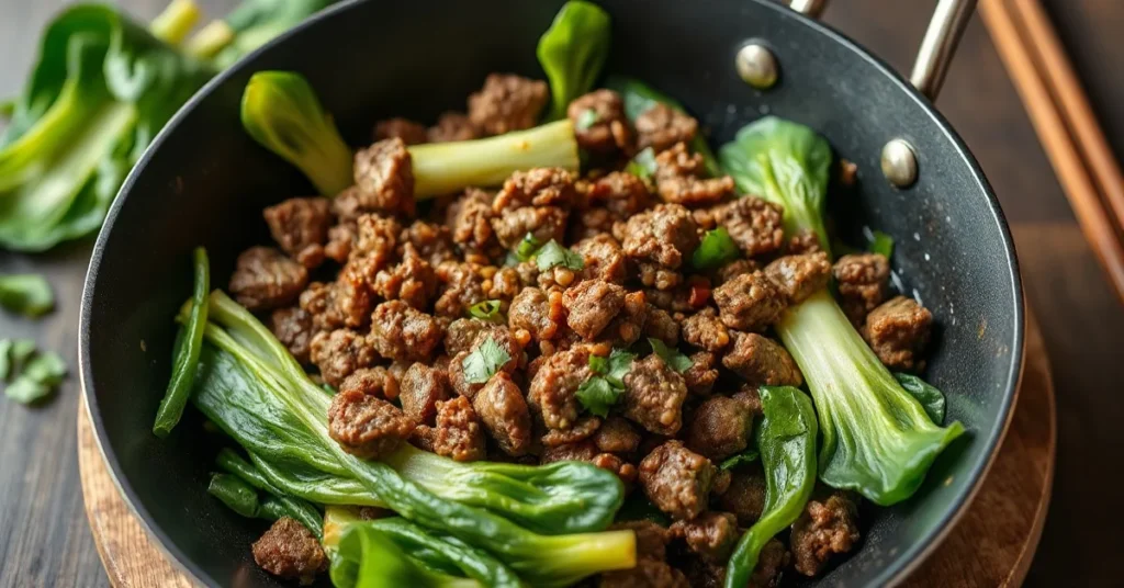 Beautiful landscape food photography of stir-fried pak choi with ground beef in a wok, vibrant green vegetables, savory sauce