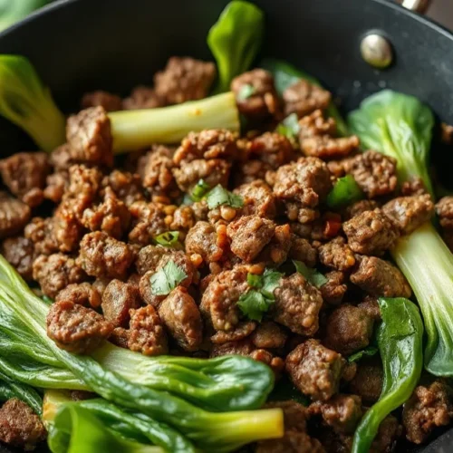 Beautiful landscape food photography of stir-fried pak choi with ground beef in a wok, vibrant green vegetables, savory sauce