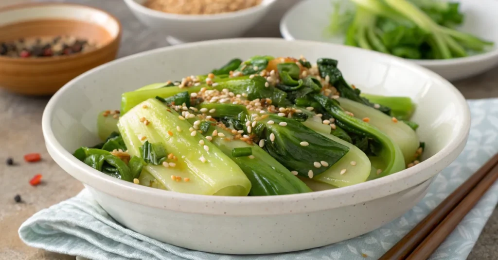 Beautiful landscape shot of stir-fried Pak Choi in a white ceramic bowl, garnished with sesame seeds and green onions, steami