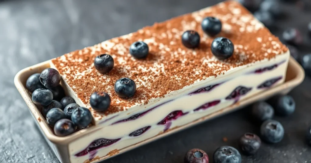 Beautiful layered blueberry tiramisu dessert in rectangular dish, fresh blueberries, cocoa powder dusting, professional food