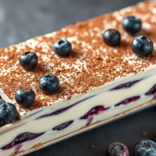 Beautiful layered blueberry tiramisu dessert in rectangular dish, fresh blueberries, cocoa powder dusting, professional food
