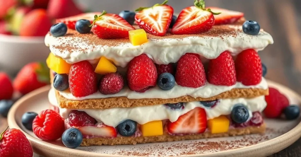 Beautiful layered fruit tiramisu with fresh raspberries, blueberries, mango pieces, and strawberries on top, creamy mascarpon