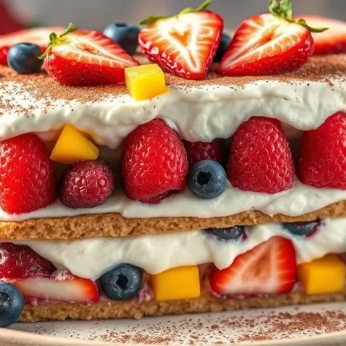 Beautiful layered fruit tiramisu with fresh raspberries, blueberries, mango pieces, and strawberries on top, creamy mascarpon