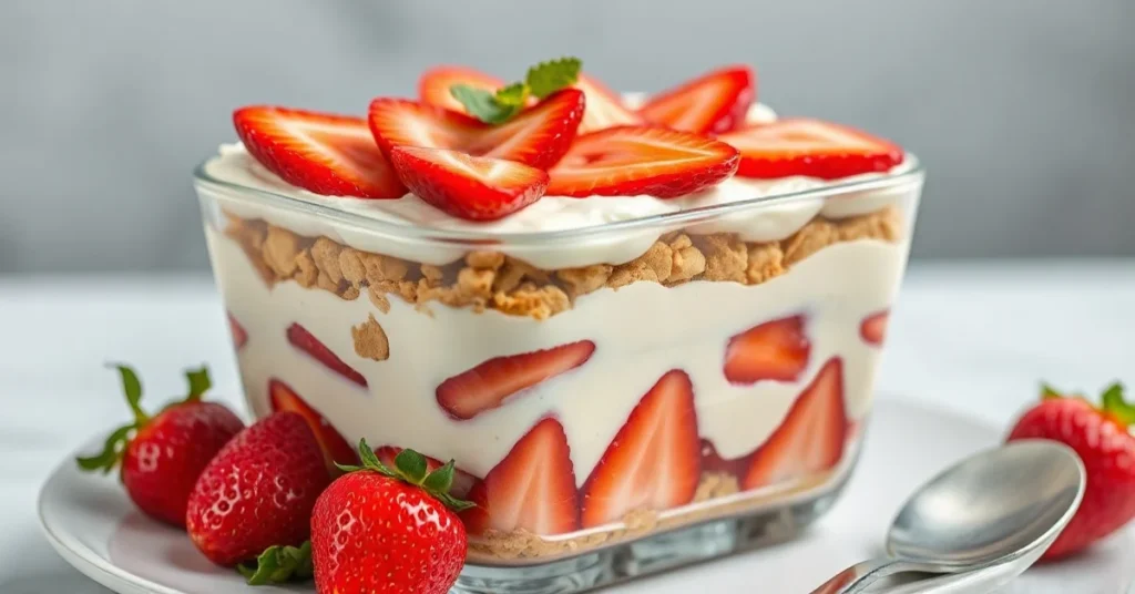 Beautiful layered strawberry tiramisu in a glass dish, creamy mascarpone cream with fresh red strawberries and ladyfinger bis
