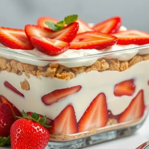 Beautiful layered strawberry tiramisu in a glass dish, creamy mascarpone cream with fresh red strawberries and ladyfinger bis