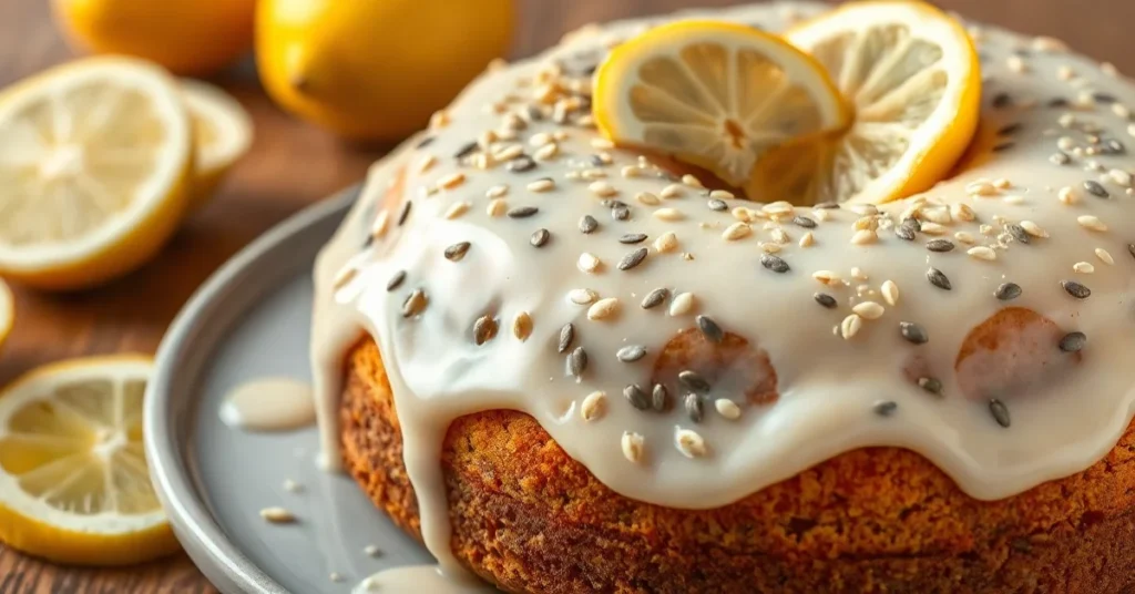 Beautiful lemon poppy seed cake with glossy lemon glaze, dusted with poppy seeds, golden crumb texture, fresh lemon slices, p