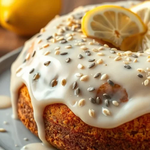Beautiful lemon poppy seed cake with glossy lemon glaze, dusted with poppy seeds, golden crumb texture, fresh lemon slices, p