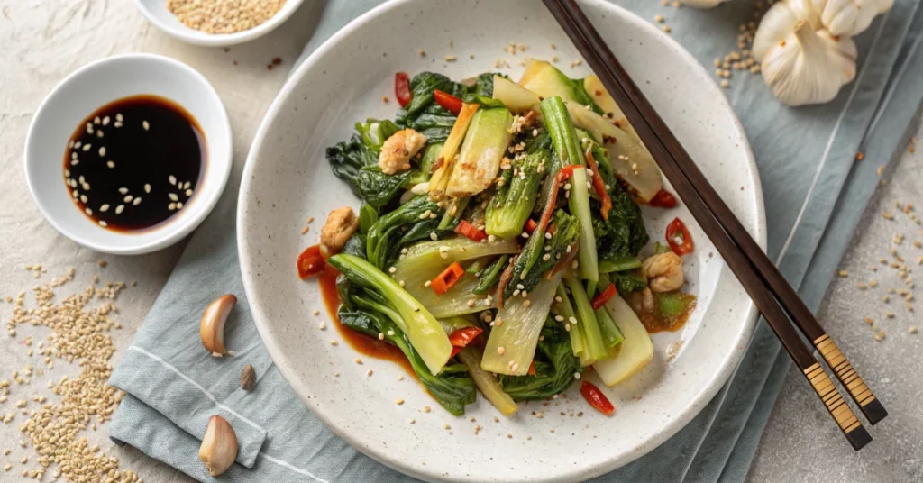 Beautiful pak choi stir-fry dish with sesame seeds, ginger, garlic, soy sauce on white plate, overhead shot, professional foo