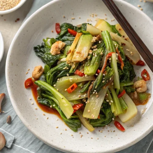 Beautiful pak choi stir-fry dish with sesame seeds, ginger, garlic, soy sauce on white plate, overhead shot, professional foo