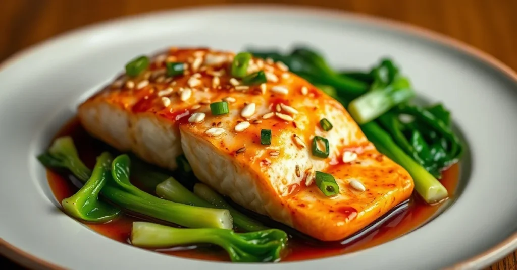 Beautiful plated dish of pan-seared salmon fillet with pak choi in soy-ginger sauce, garnished with sesame seeds and green on