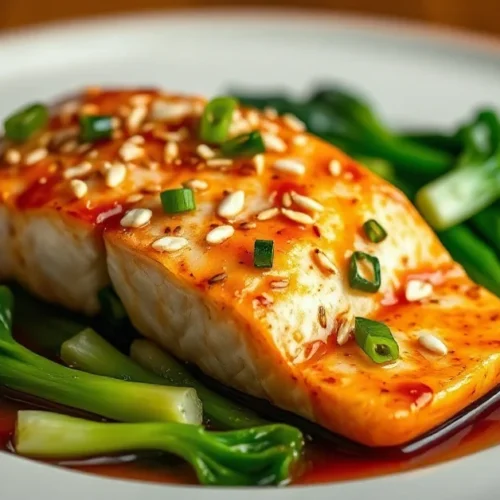 Beautiful plated dish of pan-seared salmon fillet with pak choi in soy-ginger sauce, garnished with sesame seeds and green on
