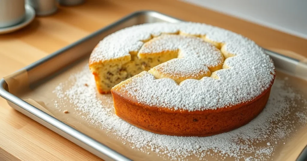 Beautiful poppy seed cake on baking sheet, fresh baked golden brown, dusted with powdered sugar, warm home kitchen lighting,