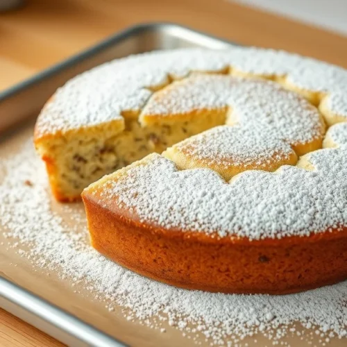 Beautiful poppy seed cake on baking sheet, fresh baked golden brown, dusted with powdered sugar, warm home kitchen lighting,