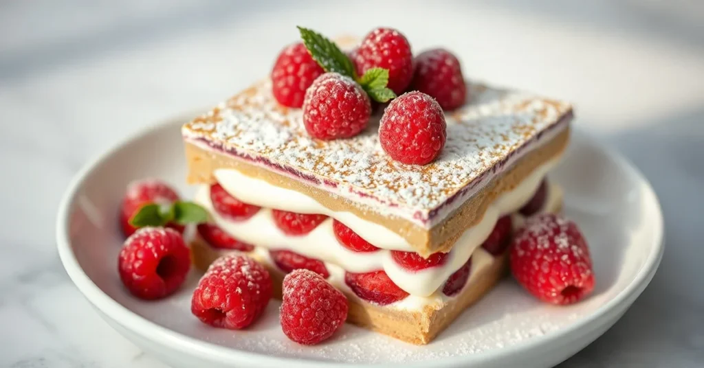 Beautiful raspberry tiramisu dessert in white porcelain dish, creamy mascarpone layers with fresh red raspberries, dusted wit