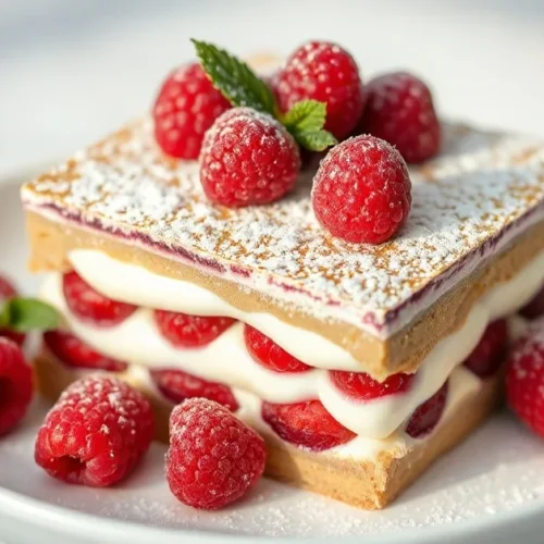 Beautiful raspberry tiramisu dessert in white porcelain dish, creamy mascarpone layers with fresh red raspberries, dusted wit