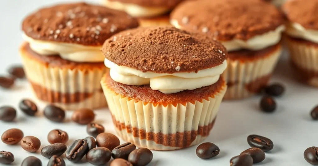 Beautiful tiramisu cupcakes with dusted cocoa powder topping, filled with mascarpone cream, fresh espresso beans, professiona