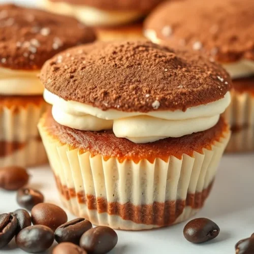 Beautiful tiramisu cupcakes with dusted cocoa powder topping, filled with mascarpone cream, fresh espresso beans, professiona
