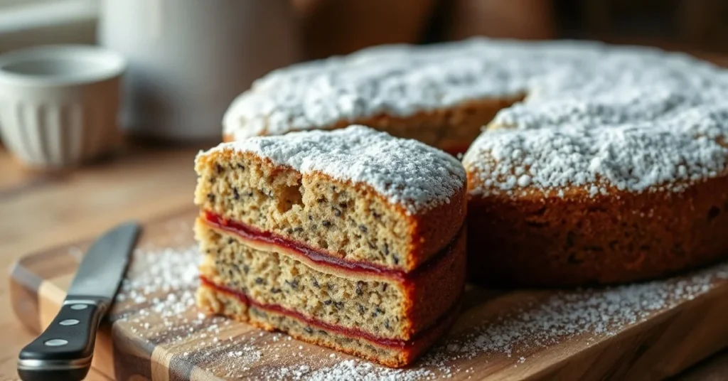 Beautiful traditional Polish poppy seed cake with powdered sugar dusting, moist layers visible in cross-section, served on ru