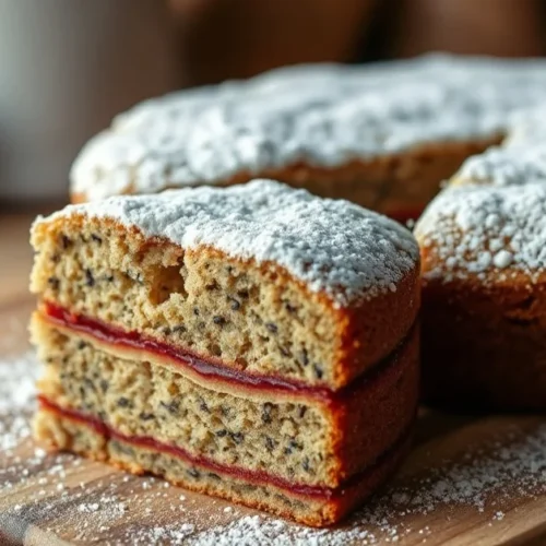 Beautiful traditional Polish poppy seed cake with powdered sugar dusting, moist layers visible in cross-section, served on ru